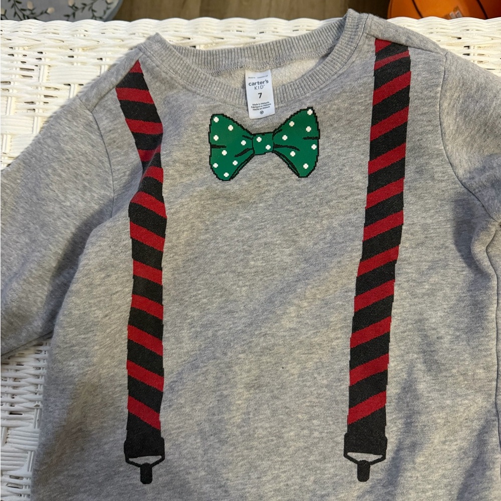 Cat & Jack Gray Sweater with Red Suspenders and Green Bow Tie